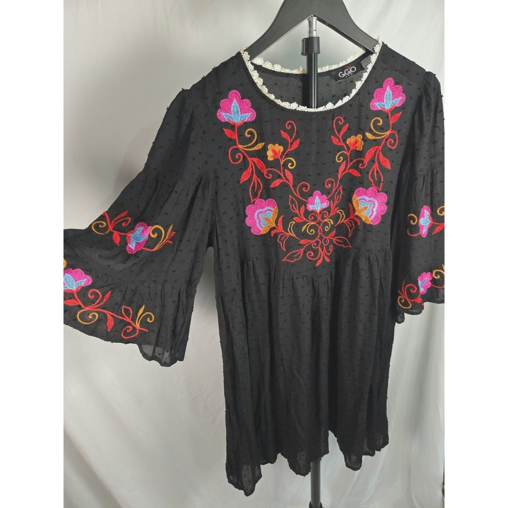 Black Floral Embroidered Babydoll Dress Bell Sz L Basque Waist Bell Sleeve Boho